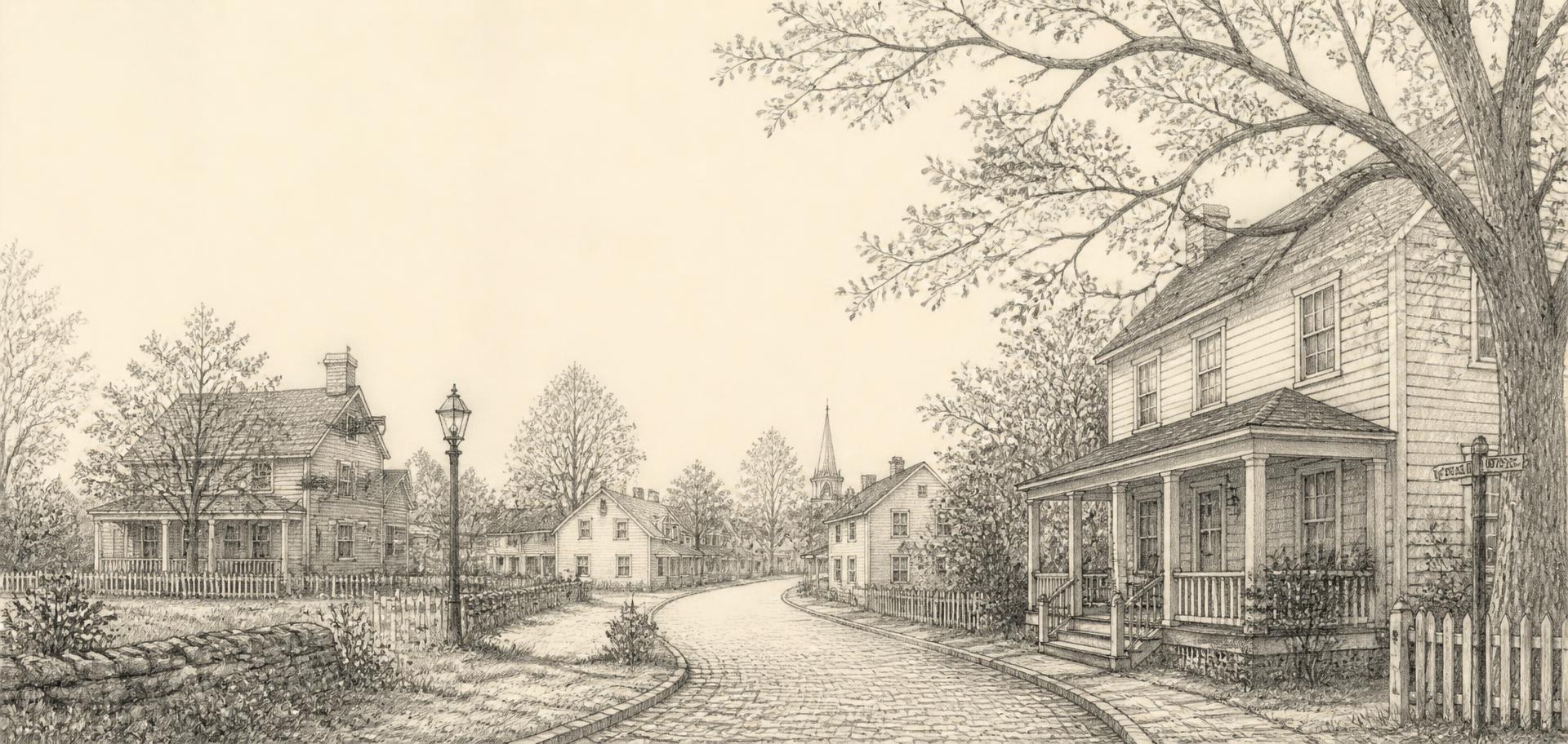 Pencil illustration of a winding path through a small neighborhood of homes